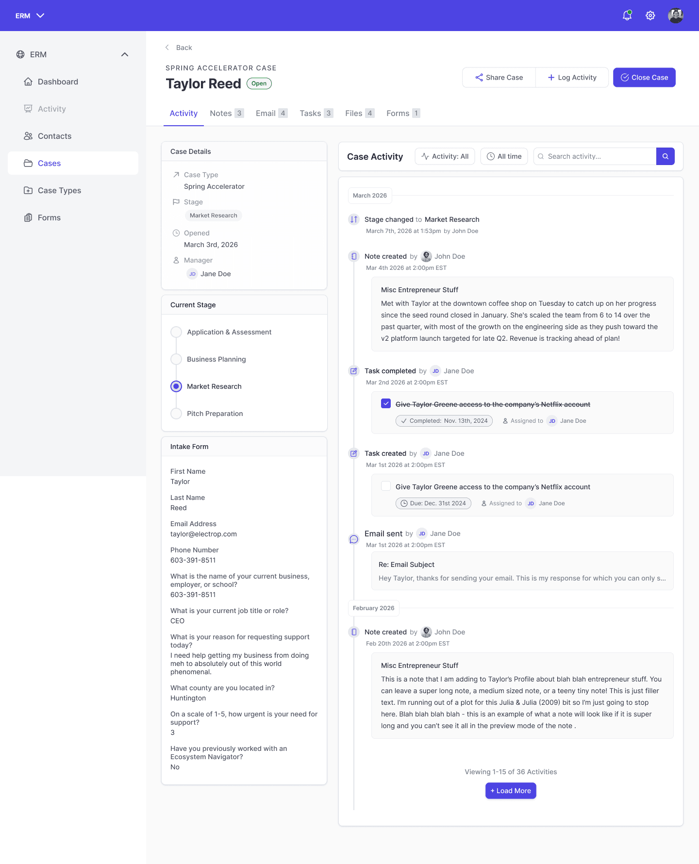 EcoMap ERM workflow view for coordinating ecosystem relationships and cases.