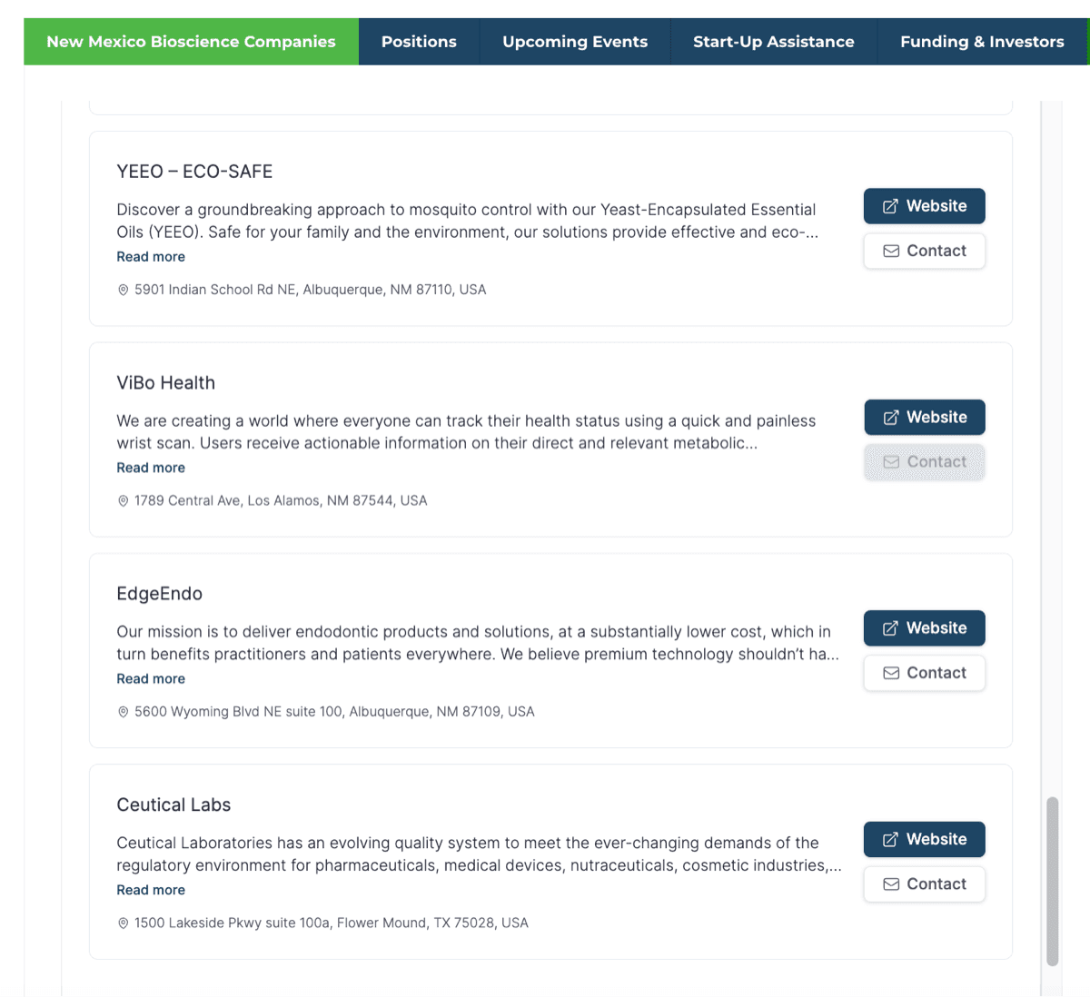 New Mexico Bioscience Connect directory showing member bioscience companies with website and contact actions