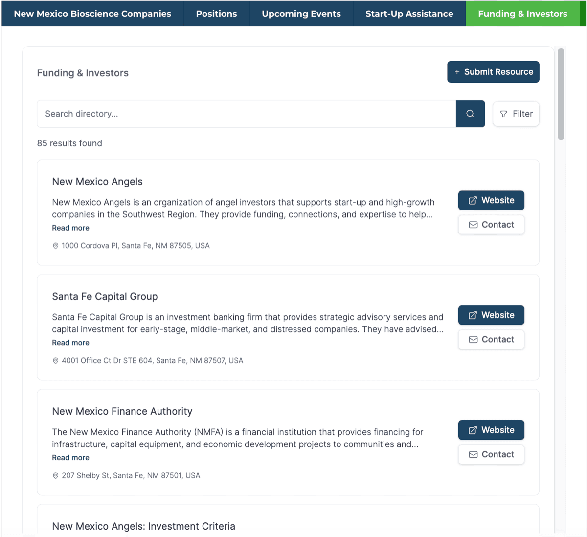 New Mexico Bioscience Connect directory showing funding and investor resources