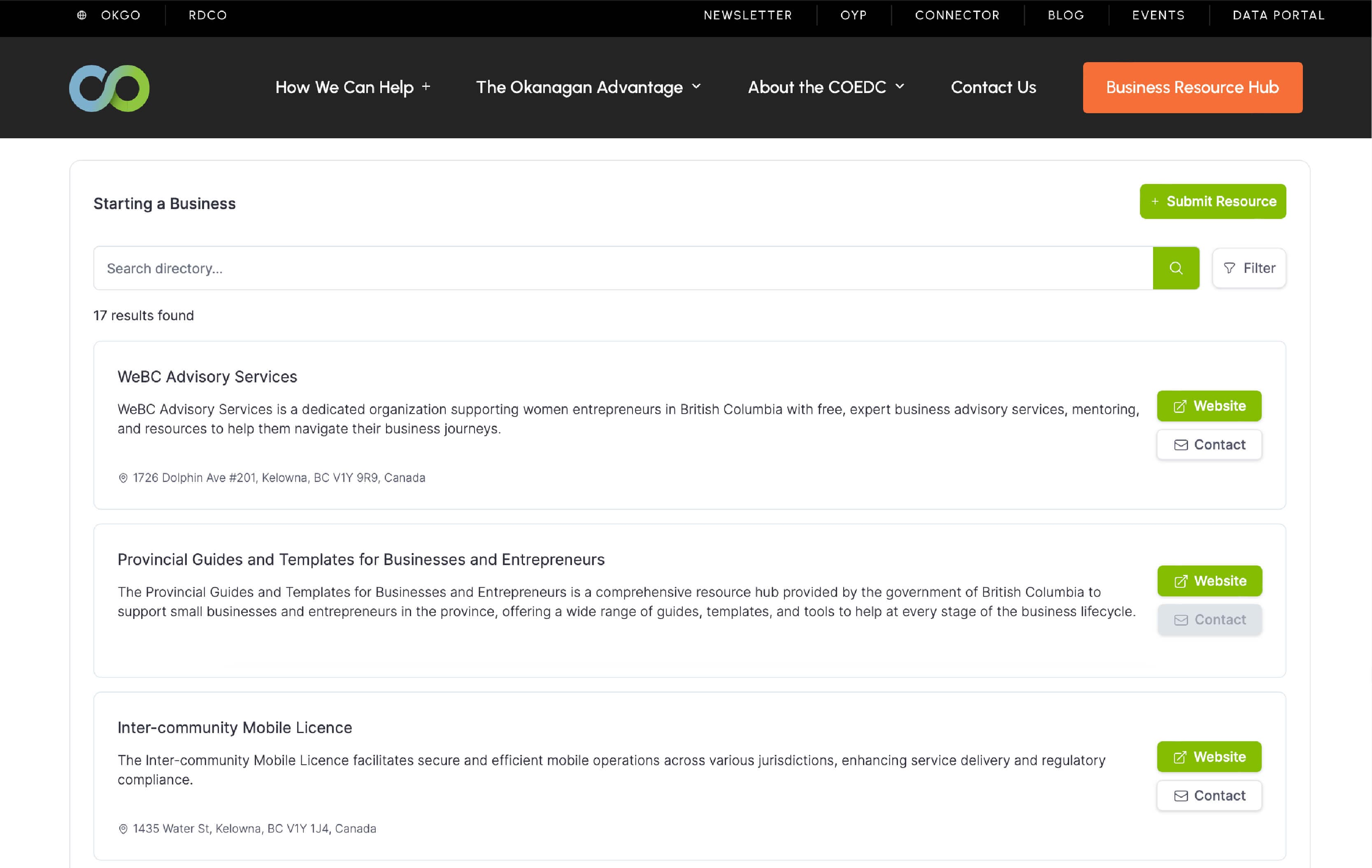 Okanagan business resource hub showing starting a business resources